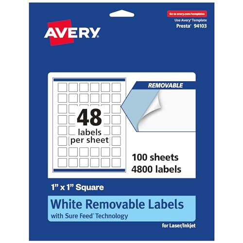 Avery® Matte White Removable Square Labels, Sure Feed® Technology, Print-to-The-Edge, 1" x 1", 4,800 Removable Labels, Laser/Inkjet Printable - style: 4,800 labels