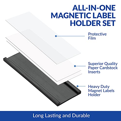 50 Pack "C" Channel Magnetic Label Holders 1x3 with 100 White Card Inserts, 50 Clear Plastic Protectors and Bonus 20 Colorful Cardstock Inserts in Blue, Green, Yellow and Red - Double-Sided Cards