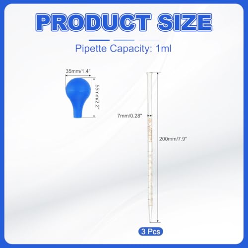 PATIKIL Graduated Dropper Pipettes Kit, 3pcs 1ml Borosilicate Glass Pipette with Rubber Cap for Transfer Liquid for Lab, Chemistry, Clear - size: 1ml