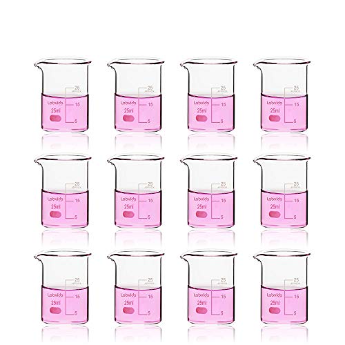 12pcs Glass Beakers Shot, Vol.25ml, 3.3 Borosilicate Glass, Griffin Low Form Lab Beaker Set with Printed Graduation, LVA001 - style: 12pcs of Vol.25ml