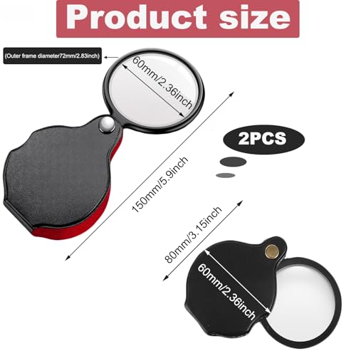 15X Small Magnifying Glass, 2PCS Pocket Magnifier Mini Folding Magnify Glass with Rotating Protective Sheath for Seniors Student Reading, Inspection, Coin, Jewelry or Exploring