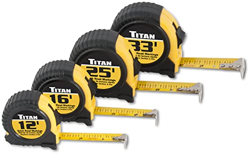 Titan 10902 Tape Measure with Easy-Read Standard Markings and Durable Case, 4-Piece Set, 12-Foot, 16-Foot, 25-Foot and 33-Foot