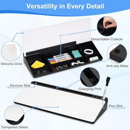 Desktop Glass Whiteboard with Storage, Desk Dry Erase White Board Stand - color: Organizer-black White