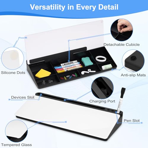 Desktop Glass Whiteboard with Storage, Desk Dry Erase White Board Stand - color: Organizer-black White
