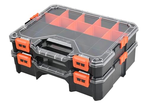2PC Interlockable Tool Organizer, Toolbox with Adjustable Dividers & Bins & Transparent Lids Portable Hardware Storage Box for Screws, Nuts, Fishing Accessories (Black&Orange) - style: 2 PC Interlockable Organizer