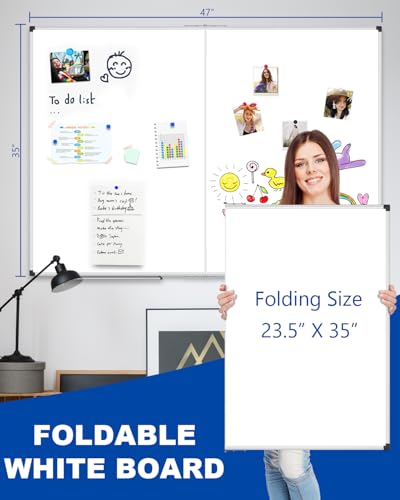 XBoard Magnetic Dry Erase Board 48 x 36 Inch, 4' x 3' Foldable White Board for Wall with Marker Tray, Silver Aluminum Frame Folding Message Presentation Board - size: 48"W x 36"H