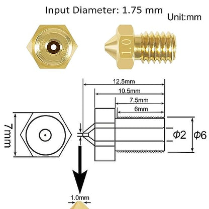 Aokin 8 Pcs 1.0mm Extruder Nozzles 3D Printer Brass Nozzles for E3D V5 V6 1.75mm Filament 3D Printer - color: 1.0mm