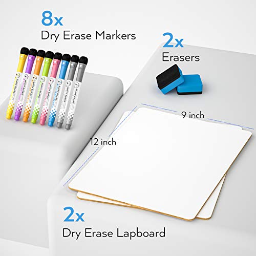 Nicpro Dry Erase Lap Board 9 x 12 inches 2 Pack Double Sided Blank Small Lapboard with 8 Pens, 2 Eraser, Learning Mini Whiteboard Portable Drawing Board for Student and Classroom Use - color: White, size: 2 Pack 9 × 12 inches
