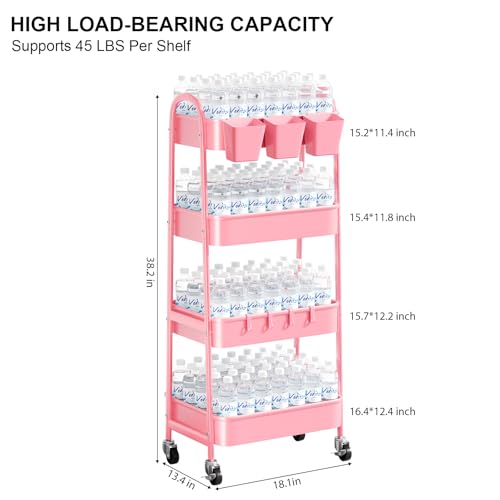 4 Tier Rolling Cart Metal with Lockable Wheels, Four Tiered Utility Carts - color: Fashion Pink, size: 4 tier