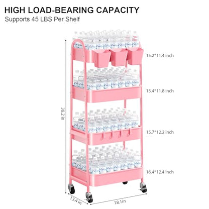 4 Tier Rolling Cart Metal with Lockable Wheels, Four Tiered Utility Carts - color: Fashion Pink, size: 4 tier