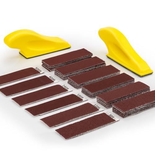 Micro Finger Sander for Crafts 2 Pack with 60 PCS 3.5 x 1 Inch Sandpaper 80 120 180 240 400 600 Grit Mini Gator Sanding for Crafts DIY Wood Finishing Tight Narrow Space Detail Polishing - color: 2 Pack Sander + 60 Sheets Sandpaper (Red)