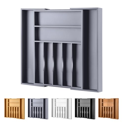 Large Premium Bamboo Silverware Organizer - Expandable Drawer Organizer & Utensil Organizer - 17"x19.7" Cutlery Tray with Dividers for Kitchen Utensils and Flatware (7-9 Slots) (Grey) - color: Grey, size: 9 Slots Expandable