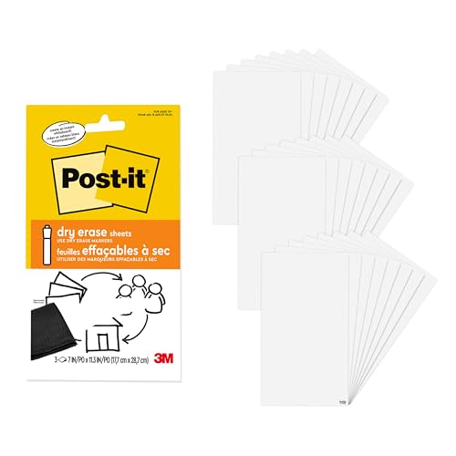 Post-it Dry Erase Sheets, 7 in x 11.3 in, 24 Sheets, Sticks Securely and Removes Cleanly - size: 24 Sheets