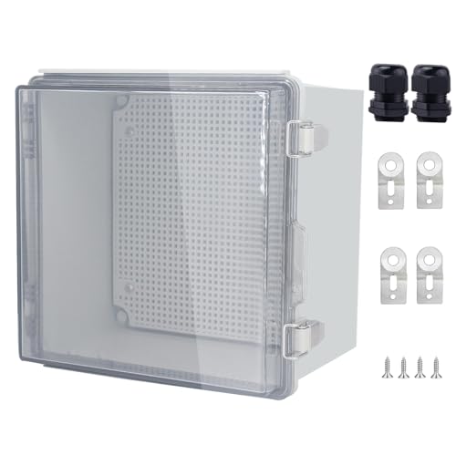 IP67 Waterproof Junction Box, ABS Plastic Electrical Enclosure with Stainless Steel Latch, Hinged Cover Electric Box with Mounting Plate, Wall Brackets & Cable Glands 210x210x130 - color: Clear, size: 8.3"x8.3"x5.1" Standard
