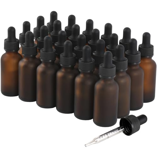 NOOEEISS 24 Pack,1oz Glass Dropper Bottle, Amber Tincture Bottles with Dropper, Pretty Finish for All Kinds of Liquids,Oil Bottles for Hair- Stronger Suction ideal for Leakproof Travel - color: Amber Frosted, size: 1oz-24Pack