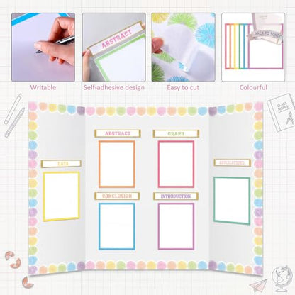 Colarr 98 Pcs Boho Pastel Science Fair Board Supplies 60 Trim Scalloped Poster Boards 24 Presentation Subtitles 6 Self Adhesive Project Titles 8 Letter Sticker for Classroom Display - style: Boho