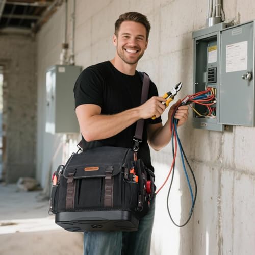 WELKINLAND 41-Pocket Electrician Tool Bag, 14-Inch Hard Bottom Tool Bag