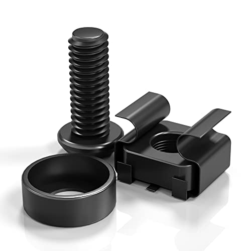 50 PACK M6 x 16mm Rack Mount Cage Nuts, Screws and Washers for Rack Mount Server Cabinet, Rack Mount Server Shelves, Routers, Rack Mount Screws and Square Insert Nuts, Self-Locking Cable Ties for Free - color: Black