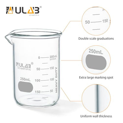 ULAB Scientific Glass Beakers, Vol. 250ml, 3.3 Borosilicate Griffin Low Form with Printed Graduation, Pack of 5, UBG1033 - style: 5pcs of Vol.250ml, Low form