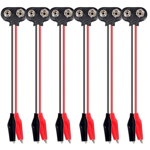 6PCS 9V Battery Snap to Alligator Clips Cable, 6 Inch T-Shape 9V Battery Connector with Red Black Crocodile Clip Test Leads for Arduino, DIY Electronics, Breadboard & Circuit Testing