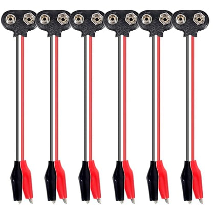 6PCS 9V Battery Snap to Alligator Clips Cable, 6 Inch T-Shape 9V Battery Connector with Red Black Crocodile Clip Test Leads for Arduino, DIY Electronics, Breadboard & Circuit Testing