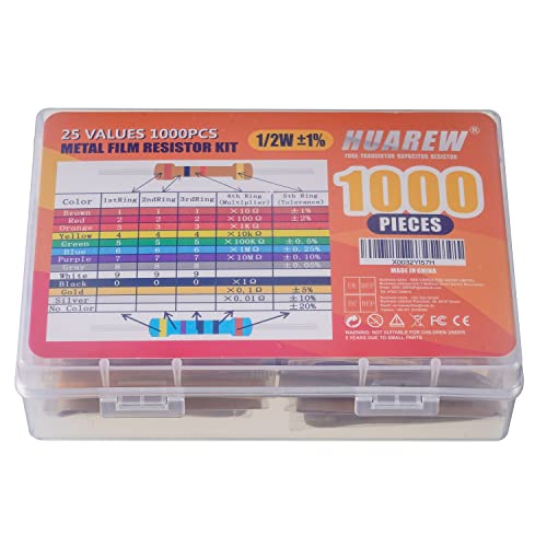 25 Values Single Resistor Kit with 1000 Pcs 1 Ohm-1M Ohm 1/2 W 1% Metal Film Resistors Assortment Kit for DIY Projects and Experiments