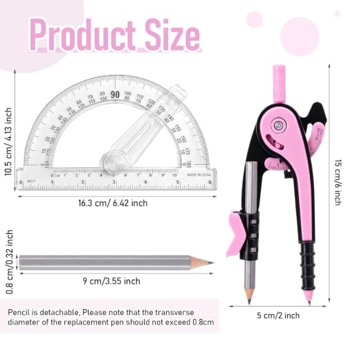 Zonon 2 Pcs Protractor and Compass Set, Swing Arm Protractor, Pink Clear - color: Pink Clear