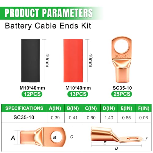 Twidec/25PCS AWG 2 Copper Wire Lugs Battery Cable Ends SC35-10,Ring Terminals Connectors,Copper Ring Terminals,Battery Terminals Connectors Kits with Heat Shrink - color: 25PCS