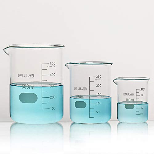 ULAB Scientific Low Form Griffin Glass Beaker Set with Magnetic Stir Bar Offered, 3 Sizes 100ml 250ml 500ml, 3.3 Borosilicate Glass, Printed Graduation, UBG1004 - style: 3 Sizes with Magnetic Stir Bar:100/250/500ml
