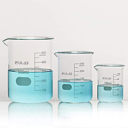 ULAB Scientific Low Form Griffin Glass Beaker Set with Magnetic Stir Bar Offered, 3 Sizes 100ml 250ml 500ml, 3.3 Borosilicate Glass, Printed Graduation, UBG1004 - style: 3 Sizes with Magnetic Stir Bar:100/250/500ml