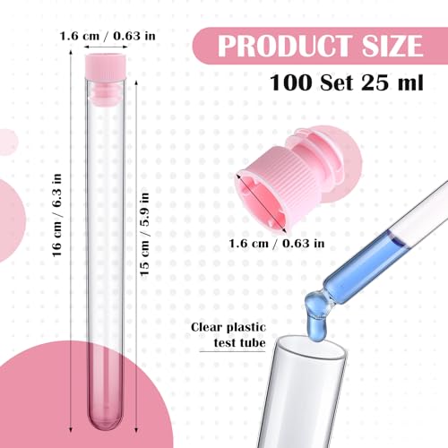 100 Pack Plastic Test Tubes with Caps, 25ml/6" Clear Tubes Vials - color: Pink Lid