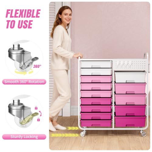 14 Drawer Rolling Storage Cart with Tabletop and Pegboard for Crafts Pink - color: Pink
