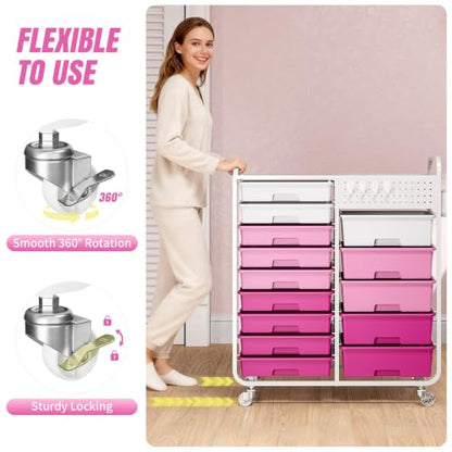 14 Drawer Rolling Storage Cart with Tabletop and Pegboard for Crafts Pink - color: Pink