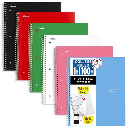 Five Star Spiral Notebook + Study App, 1 Subject, College Ruled Paper, 8.5" x 11", 100 Sheets, Assorted Colors, 6 Pack (38052)