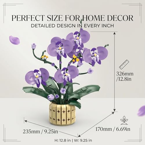 Botanicals Orchid Kit for Adults – 832Pcs Purple Charm Phalaenopsis Toy Building Blocks, Artificial Flower Bouquet with Pot, Lifelike Plant Decor for Home Office, Unique Gifts for Girls, Mom, Wife