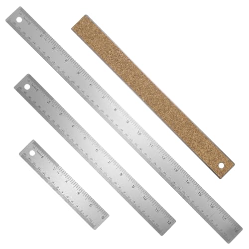 HARFINGTON 3pcs Stainless Steel Metal Ruler 15/30/45cm Straight Edge with Cork Backing Non-Slip Inch Metric Metal Ruler for Classroom Office Home Drafting Tools - size: 15/30/45cm