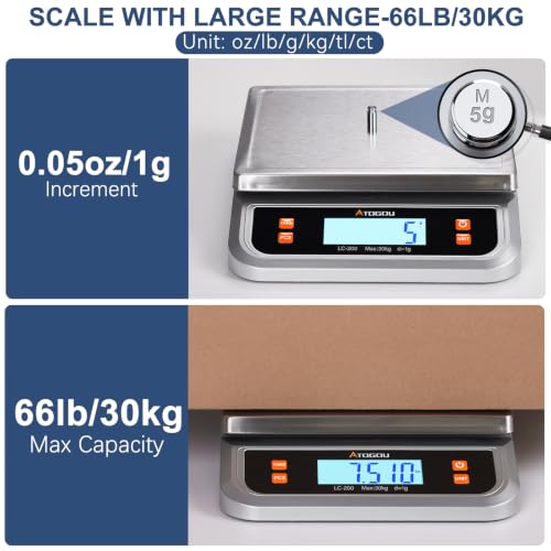 Atogou 66lb Food Scale, Commercial Kitchen Scale Plug-in Usable - size: Silver 66 lb (30 kg)