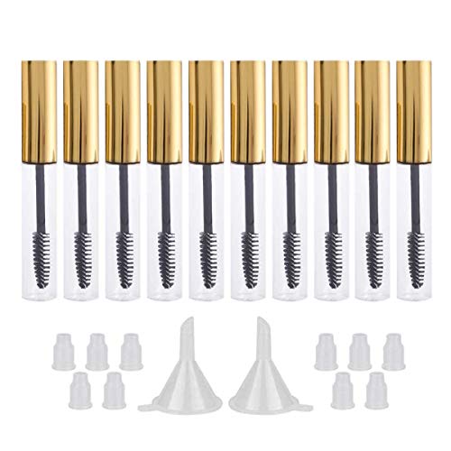 GTHER 10PCS 10ML Empty Mascara Tubes Bottles with Wand & Rubber Inserts & Funnels Set for Castor Oil/Eyelash Growth Oil, DIY Mascara Eyelash Cream Container with Cap, Gold - color: Gold