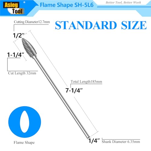 SH-5L6 Tungsten Carbide Burr Rotary Lengthened File Flame Shape Double Cut with 1/4''Shank for Die Grinder Drill Bit - style: SH-5L6