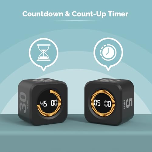KADAMS Pomodoro Timer – Visual Cube with 5/10/30/60 Min Presets, LED Countdown Ring & Count Up Mode, Silent Flip Productivity Timer for Study, Classroom, Office, Cooking - color: Black 5-10-30-60 Min