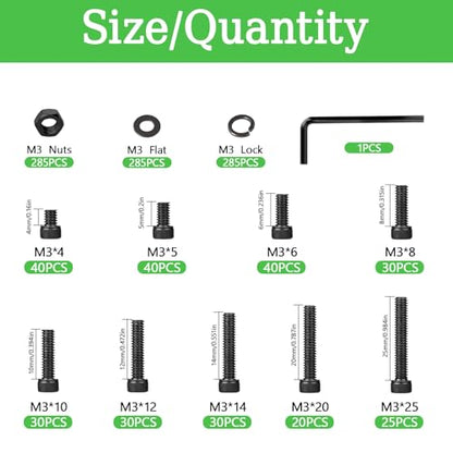1140PCS M3 Screws Assortment Kit, M3x5/6/8/10/12/14/20/25 mm Hex Socket Head Bolts, Nuts & Washers Assorted Set - 12.9 Alloy Steel Black Zinc Plated M3 Screw for 3D Printer,DIY - size: M3 x 5/6/8/10/12/14/20/25-1140Pcs