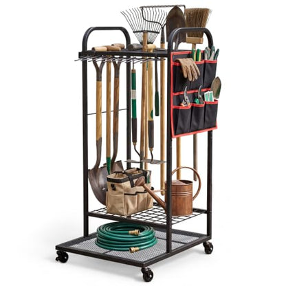 Chumia Garden Tool Organizer for Garage Storage, Heavy Duty Rolling Yard Tool Rack with Wheels and Side Bag, 3-Tier Rust-Resistant Metal Utility Cart for Shovels Rakes Brooms Shed Garage Outdoor