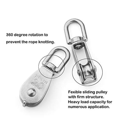 CertBuy 16 Pack M20 Single Pulley Block Loading 200lbs 304 Stainless Steel Swivel Pulley Small Rope Pulleys Hanging Wire Towing Wheel for Wire Rope