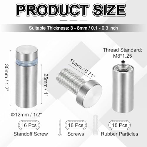 PATIKIL 1/2x1.2" Standoff Screws, 16 Pack Stainless Steel Stand Off Wall Mounts Wall Sign Mounting Hardware Advertising Standoff Nail for Hanging Acrylic Signs Picture Frame, Silver - size: 1/2x1.2"