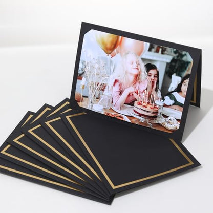 100 Count Photo Folders for 4x6 or 5x7 Pictures,Paper Picture Frames,Cardboard Greeting Photo Frame Cards for Graduation Wedding Birthday Classroom DIY (Black with Gold Trim) - style: 100CT - Black