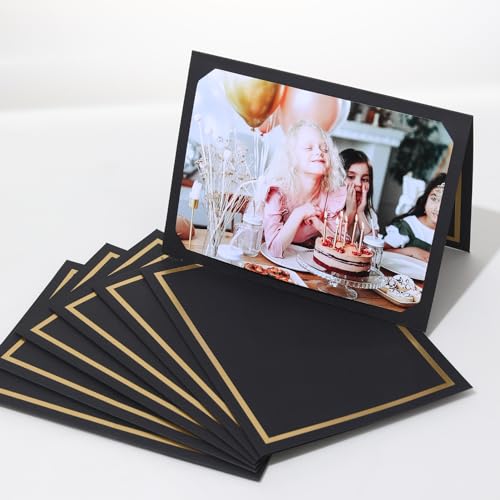 200 Count Photo Folders for 4x6 or 5x7 Pictures,Paper Picture Frames,Cardboard Greeting Photo Frame Cards for Graduation Wedding Birthday Classroom DIY (Black with Gold Trim) - style: 200CT-Black