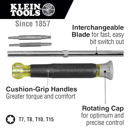 Klein Tools 32585 Multi-bit Precision Screwdriver Set, 4-in-1 Electronics Screwdriver with Industrial Strength TORX Bits, Spin Top - style: 4-in-1 Screwdriver, Torx