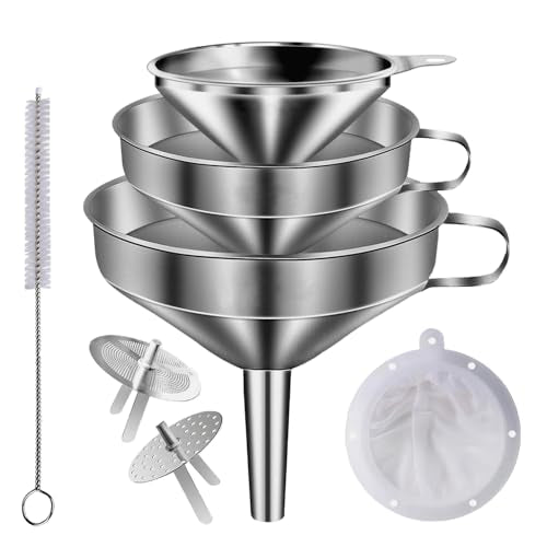 Stainless Steel Funnels for Kitchen use,3PCS Kitchen Metal Funnel with 2 Removable Strainer,Cleaning Brush,200 Mesh Food Filter,Funnel for Filling Bottles,for Transferring of Liquid,Oils,Jam - size: 3pcs Funnel set