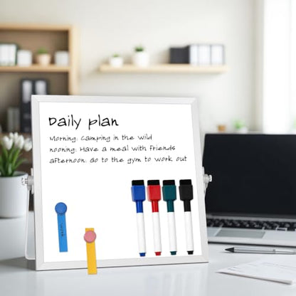 Small Desktop White Board with Stand, 10" x 10" Double-Sided Silver Aluminium Frame Whiteboard, Mini Dry Erase Board for Home, Office, Kitchen - size: 10"W x 10"H