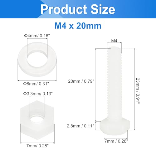 uxcell 300 Pcs/100 Sets Nylon Hex Bolts, M4 x 20mm Plastic Full Threaded Hex Head Screws Bolts and Nuts with Flat Washers for Machinery Electronics Industrial Accessories, White - size: M4 x 20mm